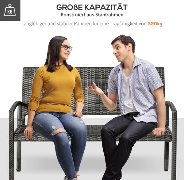 OUTSUNNY Zahradní lavice ocelový rám s ratanovým výpletem pro 2 osoby do 320 kg šedá