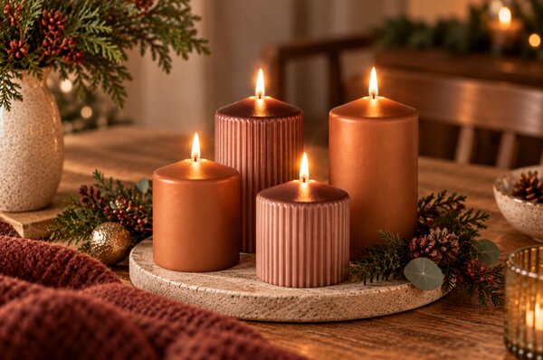 EMOCIO Adventní svíčky – hladké a rýhované (sada 4 ks), průměr 65 mm | Hnědá matná metalická