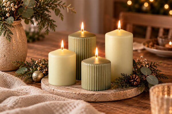 EMOCIO Adventní svíčky hladké a rýhované (sada 4 ks), průměr 65 mm | Světle zelený metal mix