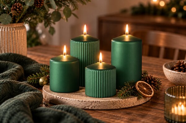 EMOCIO Adventní svíčky hladké a rýhované (sada 4 ks), průměr 65 mm | Tmavě zelený (smaragdový) metal mix