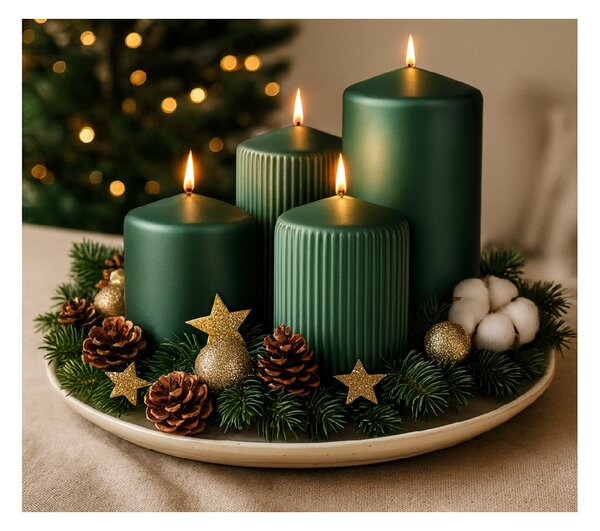 EMOCIO Adventní svíčky hladké a rýhované (sada 4 ks), průměr 65 mm | Tmavě zelený (smaragdový) metal mix