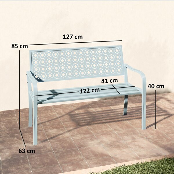 OUTSUNNY Dvoumístná kovová zahradní lavice s područkami nosnost 240 kg 127 x 63 x 85 cm světle modrá
