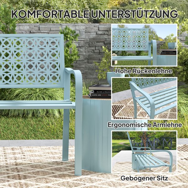 OUTSUNNY Dvoumístná kovová zahradní lavice s područkami nosnost 240 kg 127 x 63 x 85 cm světle modrá
