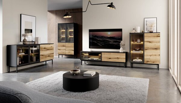 TV stolek 180 cm DEMOPOLIS - dub evoke / černý + LED osvětlení ZDARMA