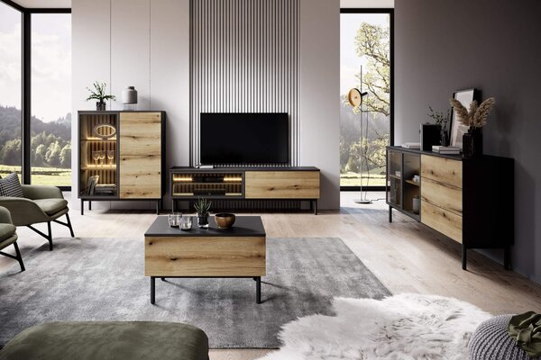TV stolek 180 cm DEMOPOLIS - dub evoke / černý + LED osvětlení ZDARMA