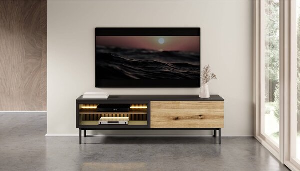 TV stolek 180 cm DEMOPOLIS - dub evoke / černý + LED osvětlení ZDARMA