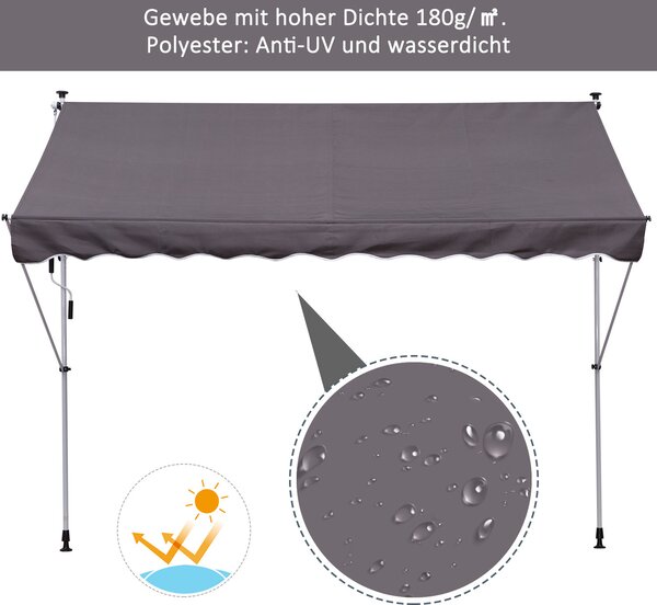 OUTSUNNY Výškově nastavitelná přenosná markýza vhodná na balkon 200 x 150 cm šedá