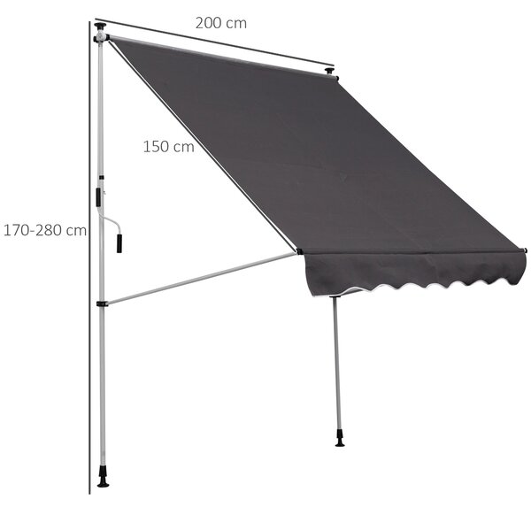 OUTSUNNY Výškově nastavitelná přenosná markýza vhodná na balkon 200 x 150 cm šedá