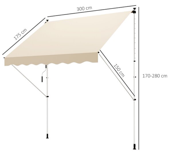 OUTSUNNY Výškově nastavitelná přenosná markýza vhodná na balkon 300 x 150 cm krémová