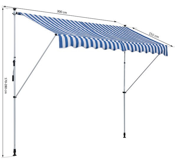 OUTSUNNY Výškově nastavitelná přenosná markýza vhodná na balkon 300 x 150 cm modrobílá