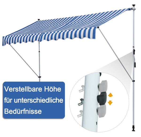 OUTSUNNY Výškově nastavitelná přenosná markýza vhodná na balkon 300 x 150 cm modrobílá