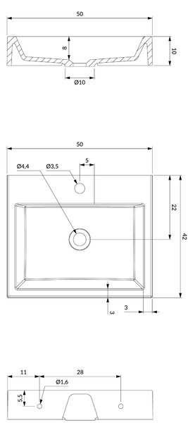 Omnires M+ umyvadlo 50x42 cm obdélníkový klasický-na pult bílá lesk Thasos500BP