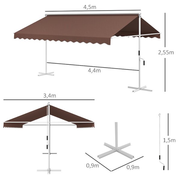 OUTSUNNY Volně stojící stahovací markýza s klikou 450 x 340 cm hnědá