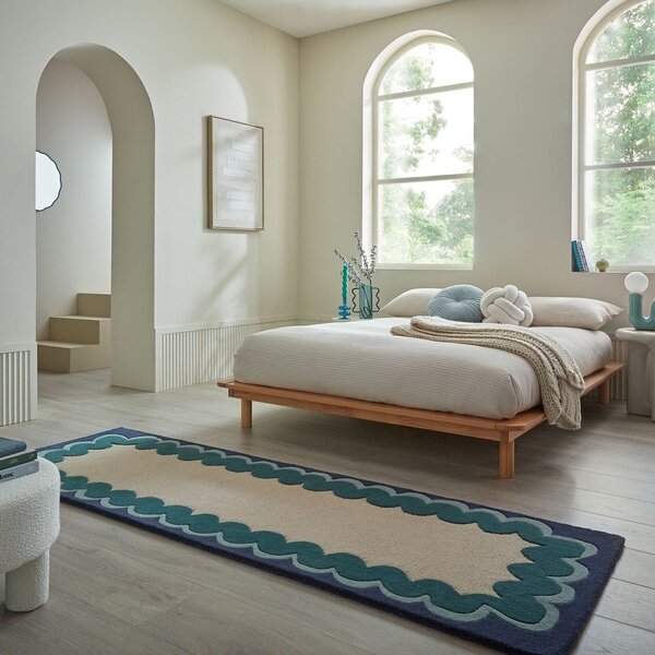 Ručně tkaný vlněný běhoun v přírodní barvě/zelenomodrý 80x230 cm Wiggle Wool – Flair Rugs