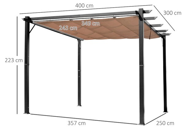 OUTSUNNY Volně stojící kovová pergola se stahovací plátěnou střechou 400 x 300 cm hnědá
