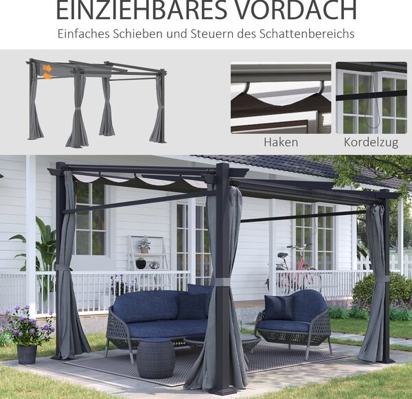 OUTSUNNY Volně stojící kovová pergola se stahovací plátěnou střechou a bočnicemi 297 x 295 cm šedá