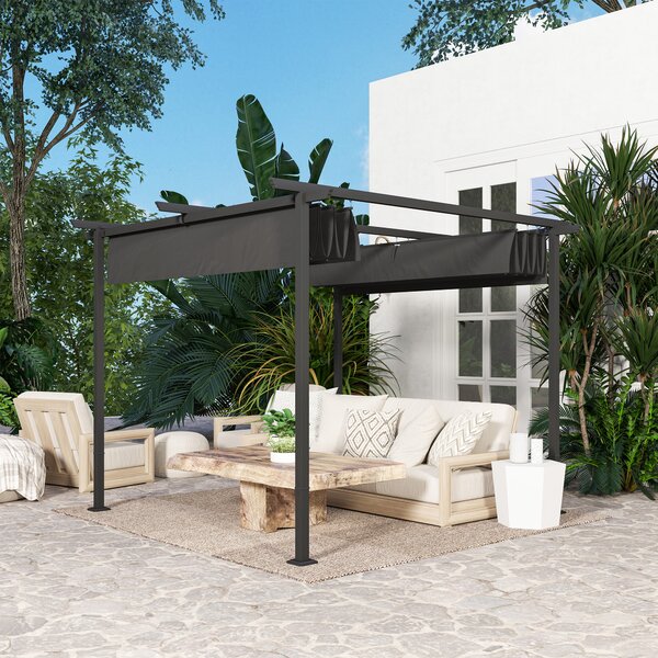 OUTSUNNY Volně stojící kovová pergola se stahovací plátěnou střechou 300 x 300 cm tmavě šedá