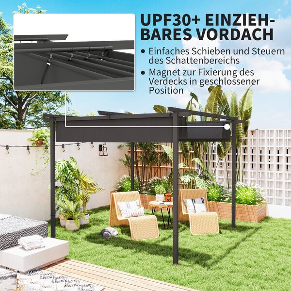 OUTSUNNY Volně stojící kovová pergola se stahovací plátěnou střechou 300 x 300 cm tmavě šedá