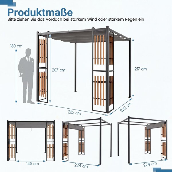 Pergola COSTWAY, rozměry 2,3 x 2,3 m, pavilón se 4 clony a nastavitelnou střechou, krytá terasa, vodotěsná, stabilní, vhodná i pro použití v zimě, poskytuje ochranu před sluncem
