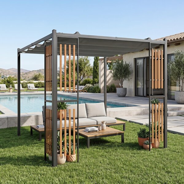 Pergola COSTWAY, rozměry 2,3 x 2,3 m, pavilón se 4 clony a nastavitelnou střechou, krytá terasa, vodotěsná, stabilní, vhodná i pro použití v zimě, poskytuje ochranu před sluncem