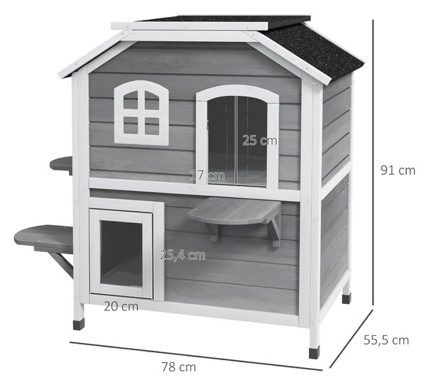 PAWHUT Domeček pro kočky venkovní dvoupatrový s balkony dřevěný 78 x 56 x 91 cm šedá