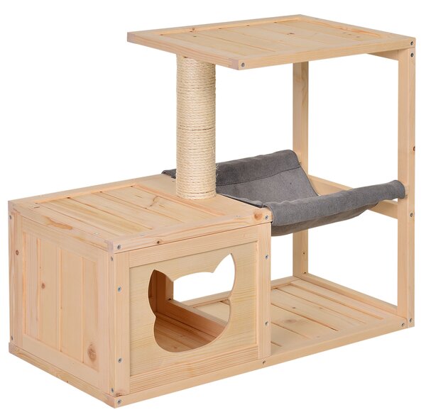PAWHUT Domeček pro kočky vnitřní s úkrytem a hamakou dřevěný 70 x 35 x 60 cm přírodní