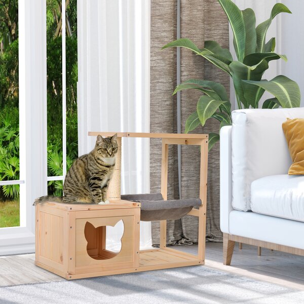 PAWHUT Domeček pro kočky vnitřní s úkrytem a hamakou dřevěný 70 x 35 x 60 cm přírodní