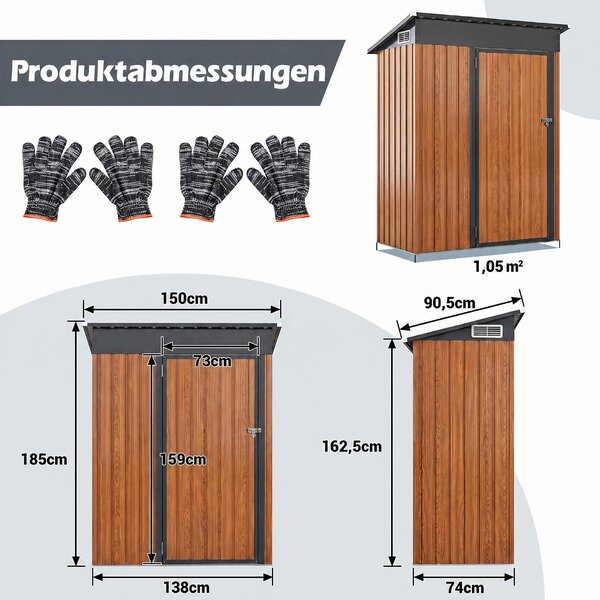 Zahradní domek COSTWAY, kovový, objem 1,5 m³, skladovací budka se sedlovou střechou a kovovými dveřmi, skladovací prostor pro zahradu, dvůr a farmu, rozměry 150 x 90,5 x 185 cm