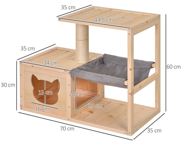 PAWHUT Domeček pro kočky vnitřní s úkrytem a hamakou dřevěný 70 x 35 x 60 cm přírodní