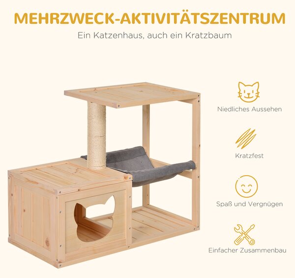 PAWHUT Domeček pro kočky vnitřní s úkrytem a hamakou dřevěný 70 x 35 x 60 cm přírodní