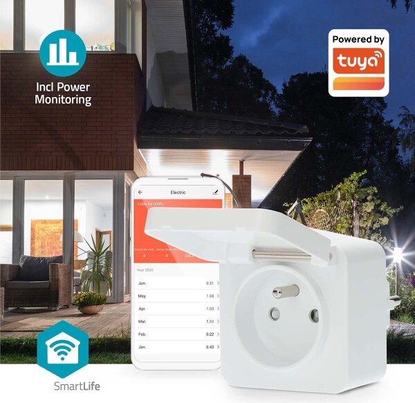 Nedis WIFIPO130EWT - Chytrá zásuvka 3680W/230V/ Typ E/16A Wi-Fi Tuya IP44