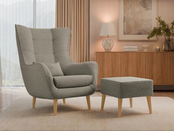 Designové křeslo ušák s taburetkou LEVI - šedobéžové