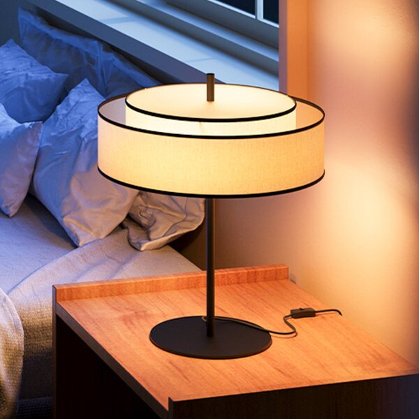 Maytoni Stojací lampa Bergamo, bílá/černá, textil, výška 39 cm, E14, Bílá / opál, Obývací pokoj / jídelna, Textil / tkanina / hedvábí, Skandinávský