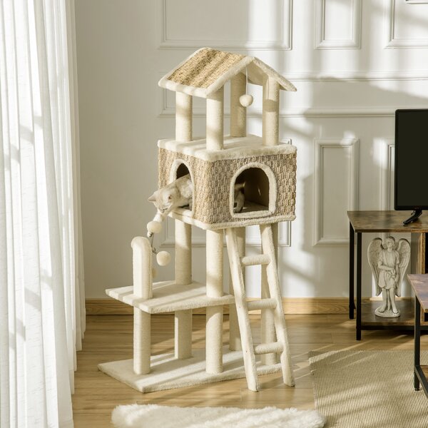 PAWHUT Kočičí strom škrabadlo HOUSE 69 x 40 x 31 cm béžová