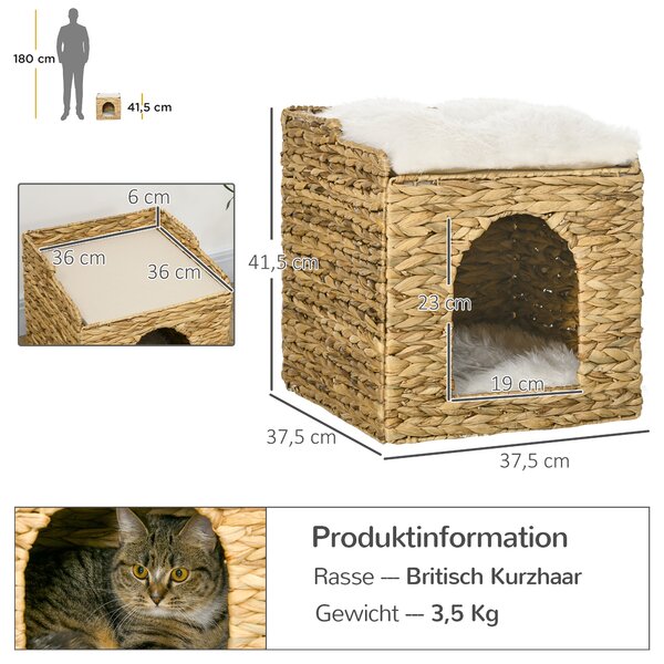 PAWHUT Pelíšek pro kočky RATTAN BOX 2 patra 38 x 38 x 41 cm přírodní