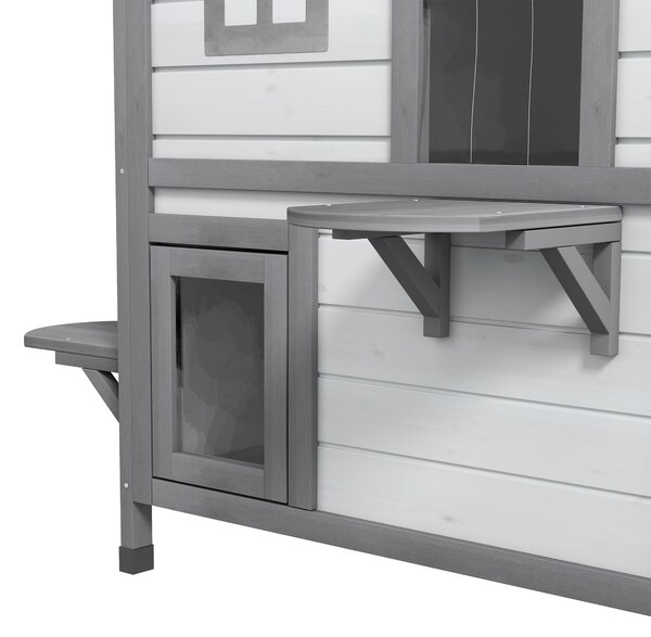 PAWHUT Domeček pro kočky venkovní dvoupatrový s balkony dřevěný 78 x 56 x 91 cm bílá