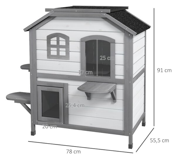 PAWHUT Domeček pro kočky venkovní dvoupatrový s balkony dřevěný 78 x 56 x 91 cm bílá