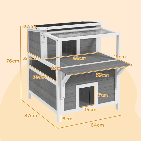 PAWHUT Domeček pro kočky venkovní s balkonem dřevěný 64 x 87 x 76 cm šedá bílá