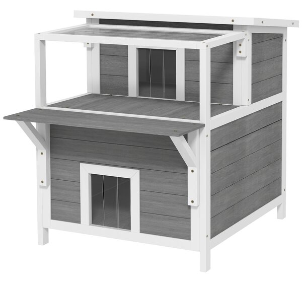 PAWHUT Domeček pro kočky venkovní s balkonem dřevěný 64 x 87 x 76 cm šedá bílá