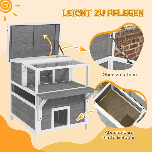 PAWHUT Domeček pro kočky venkovní s balkonem dřevěný 64 x 87 x 76 cm šedá bílá