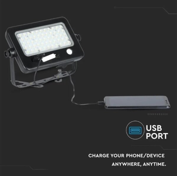 LED Stmívatelný solární reflektor se senzorem LED/10W/3,7V 4000K IP65 + USB port