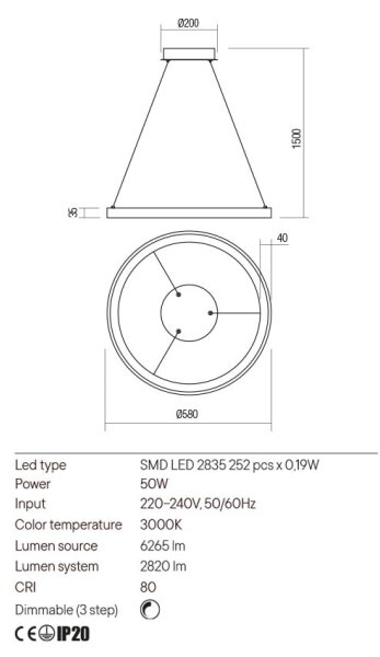 Redo 01-2674- LED Stmívatelný lustr na lanku ICONIC LED/50W/230V pr. 58 cm černá