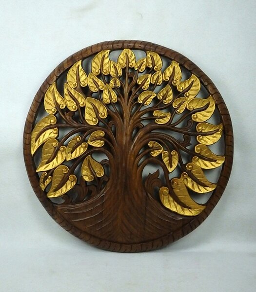 Závěsná dekorace Mandala Strom života zlatý, teakové dřevo, 90 cm (Masterpiece ruční práce)