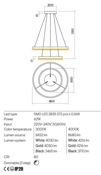 Redo 01-2891 - LED Stmívatelný lustr na lanku FEBE LED/62W/230V černá