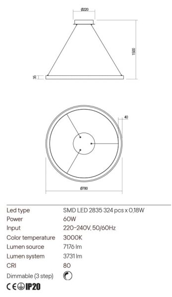 Redo 01-2676-LED Stmívatelný lustr na lanku ICONIC LED/60W/230Vpr. 78 cm zlatá