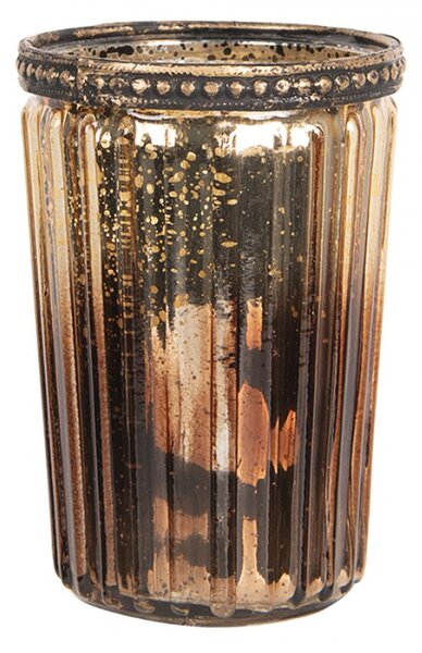 Hnědý skleněný svícen na čajovou svíčku s kovovým zdobením – 7x10 cm