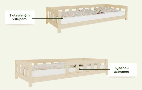 Jednolůžková postel PLOTTY se zábranou 120x200 cm + matrace WAVE - Transparentní vosková lazura matná, S otevřeným vstupem