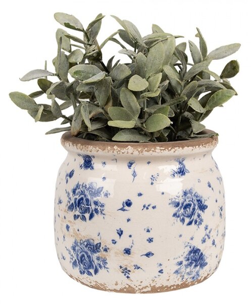 Keramický květináč béžovo modrý s motivem růže Blauw M – 16 x 13 cm