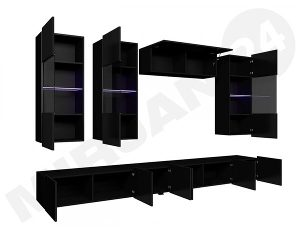 Obývací stěna Bralani V, Barva: černá / černá lesk, Osvětlení: osvětlení LED - modré 5902928004465