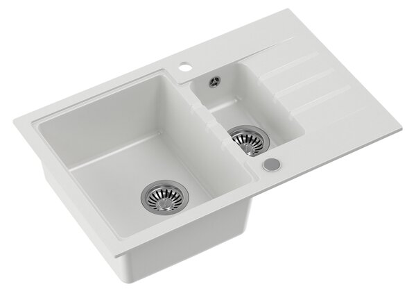 Bílý 1,5 komorový kuchyňský granitový dřez QUADRON PETER 156 bez baterie